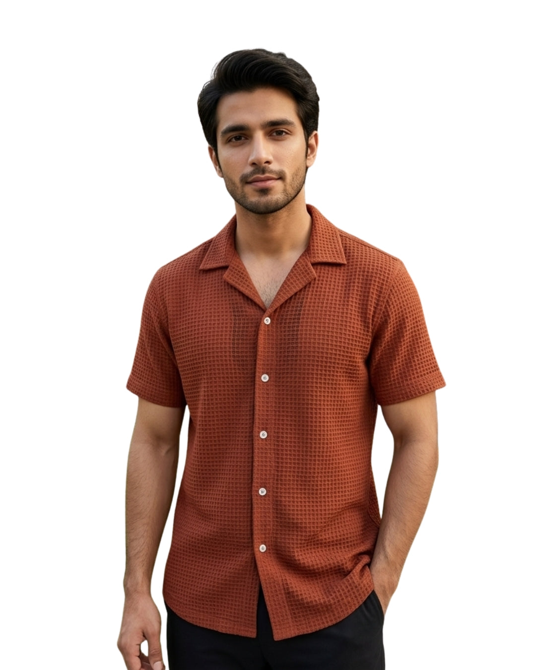 Waffle-Knit Camp Collar Shirt (Rust)