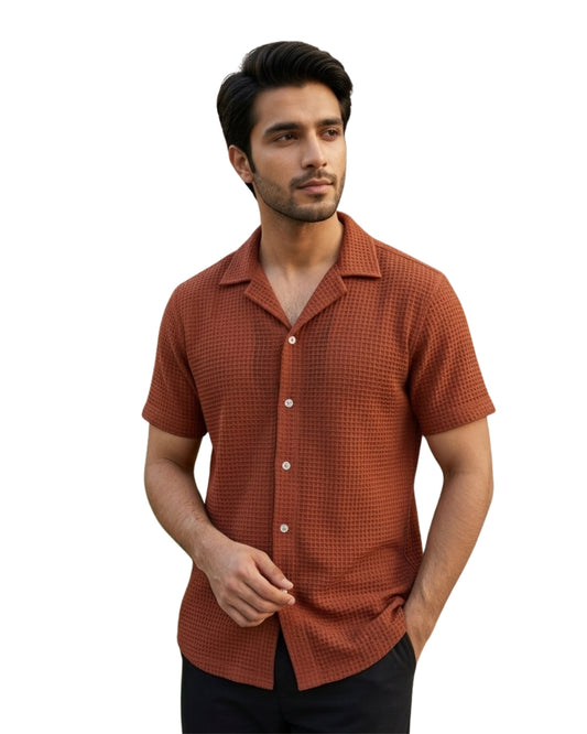 Waffle-Knit Camp Collar Shirt (Rust)